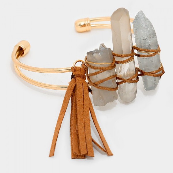 Faux suede tassel charm triple raw quartz cuff bracelet